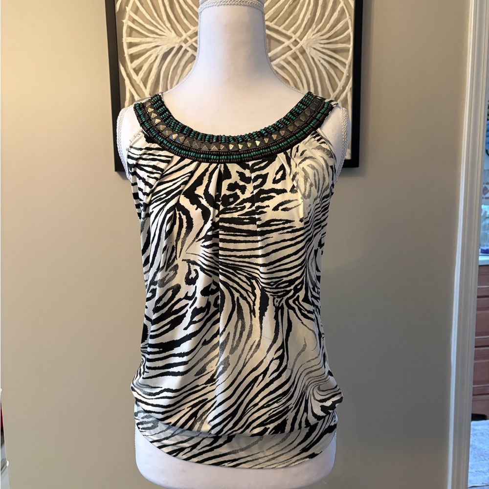 HeartSoul Zebra Print Top with Beaded Neckline